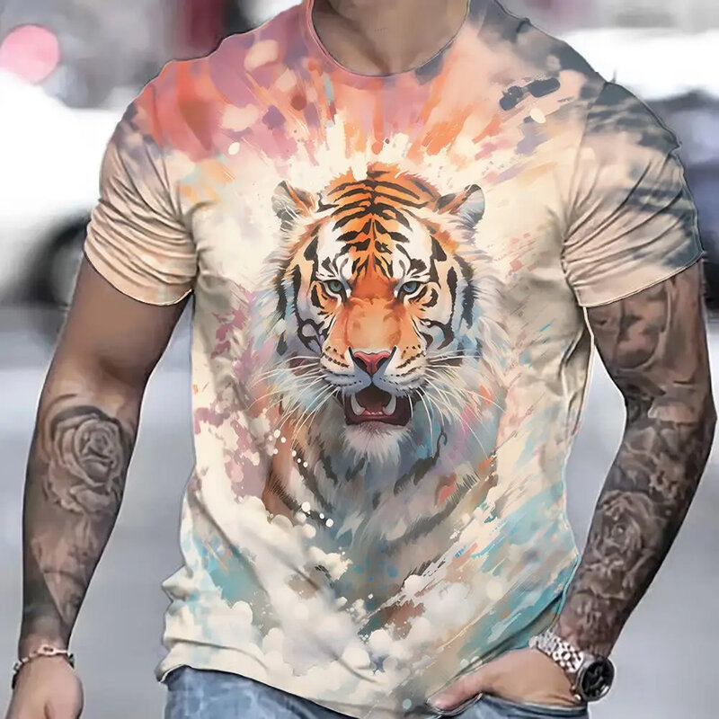 Camiseta de tigre 3D com estampa animal masculina, pulôver de manga curta, roupa casual extragrande, moda masculina, verão