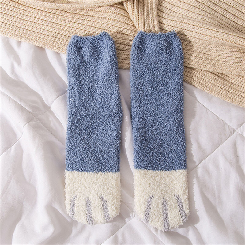 Kawaii Women Socks Cute Cats Paw Stripe Socks Autumn Winter Thicken Warm Soft Plush Coral Fleece Thermal Floor Sleeping Socks