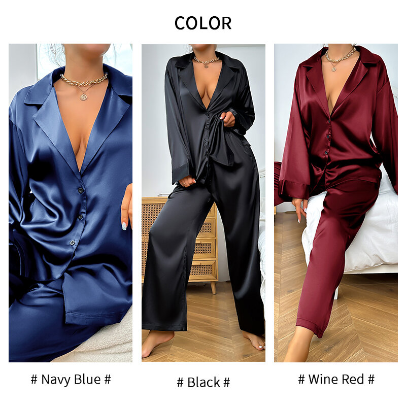 Pijama de satén de seda para mujer, conjunto de 2 piezas de manga larga con cuello en V profundo, camisas y pantalones abotonados, trajes de gran tamaño a la moda
