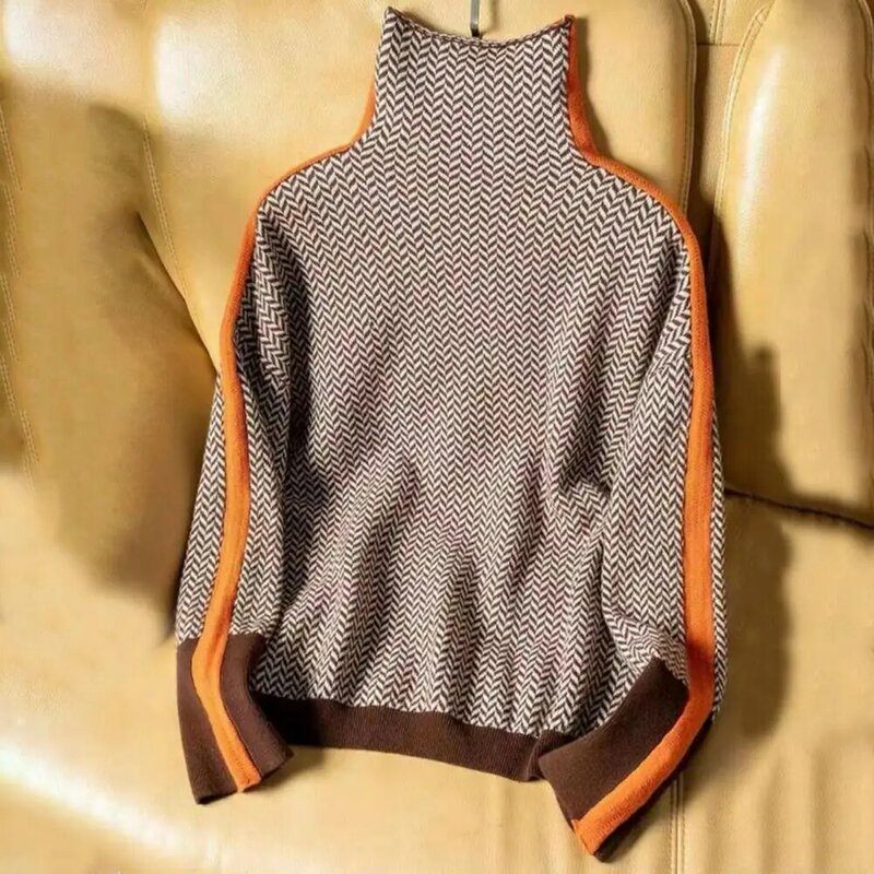 女性用の対照的な色のニットセーター,ハイカラー,長袖,暖かく快適なセーター,スタイリッシュなトップス,対照的な色