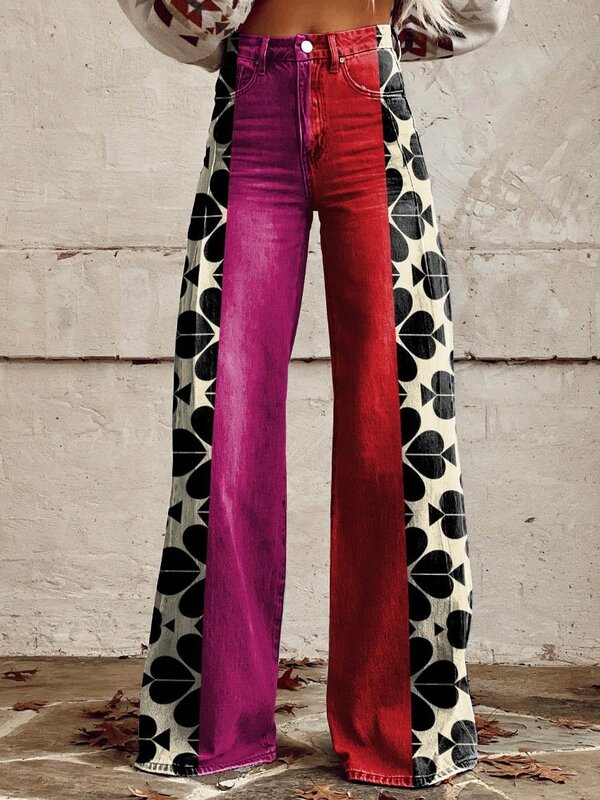 Pantalones vaqueros de pierna ancha de cintura alta para mujer, jeans de imitación delgada, pantalones sueltos florales de moda