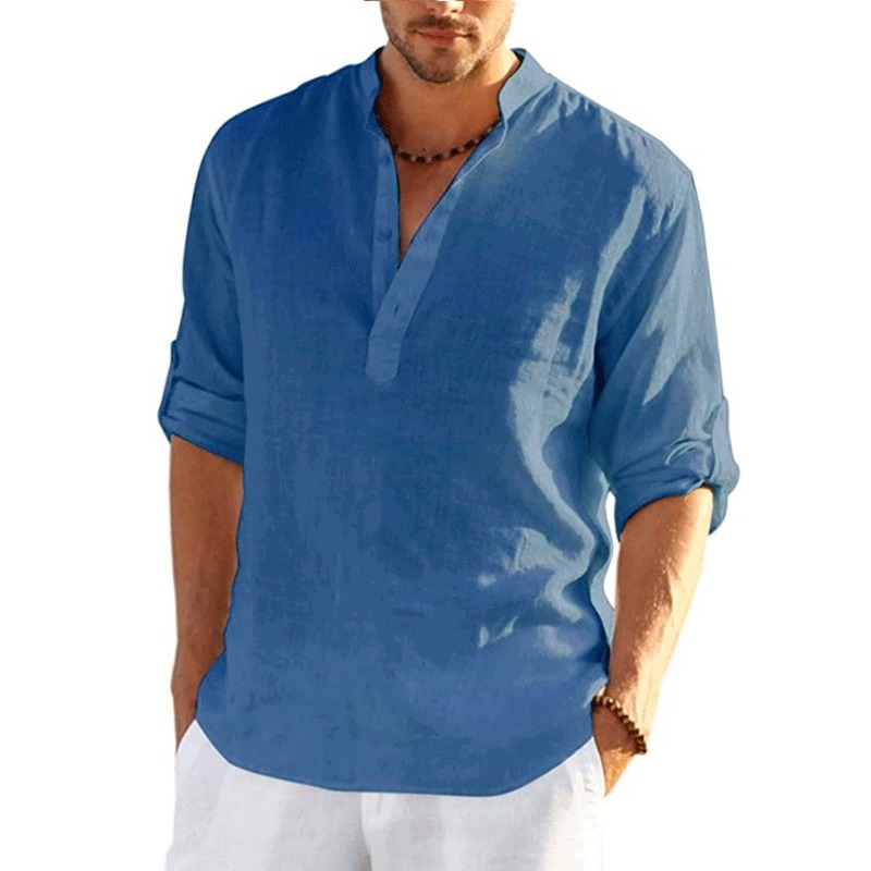 Camiseta de manga larga de lino para hombre, camisa informal suelta de Color sólido, camisa de lino de algodón de manga larga, nueva