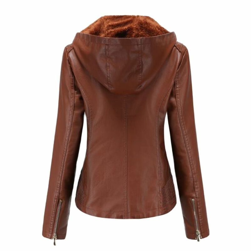 女性用の革製オートバイのジャケット,フリースの暖かくて取り外し可能なフード付きコート,厚いベルベットのアウターウェア,冬