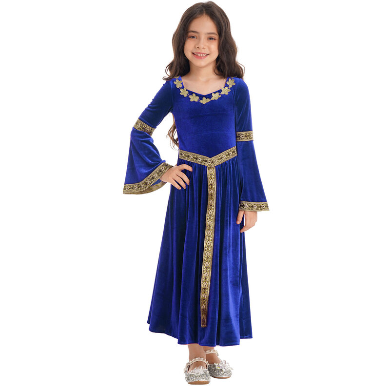 Детский костюм принцессы королевы средневекового возрождения для девочек, платье для косплея на Хэллоуин, бархатное винтажное платье с длинным расширяющимся книзу рукавом, костюмы
