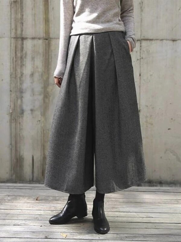 Woolen Wide Leg Pants Women Y2k Street High Waist Loose Fashion Female Pant Skirts 2023 Autumn Winter Thicken Lady Trousers