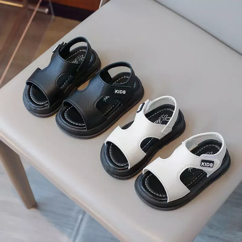 Sandalias informales de fondo grueso para niños y niñas, zapatos de playa con punta abierta, suaves, color negro, 2024