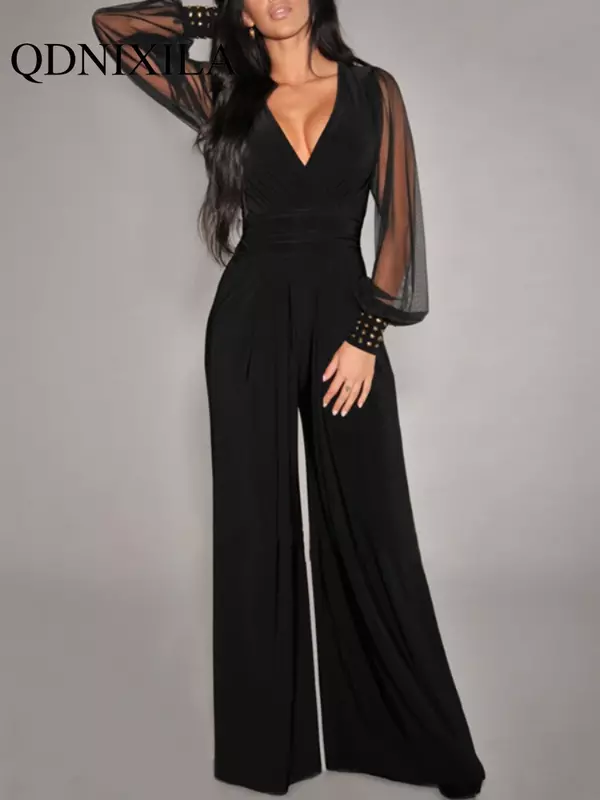 New in Spring Summer Black V-neck Mesh Splicing Straight One-piece Pants Jumpsuits Sexy Streetwear Black Jumpsuit Women Jumpsuit