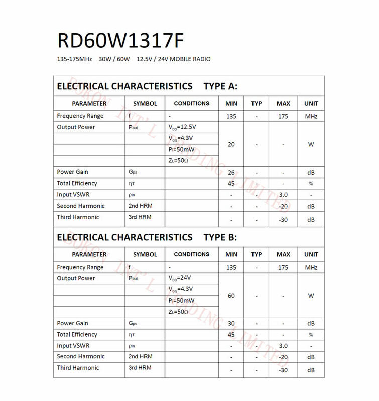 RD60W1317F 135-175MHz 30W / 60W 12.5V / 24V 모바일 라디오 RF MOSFET 증폭기 모듈, 135-175Mhz 교차 참조 RA60H1317M