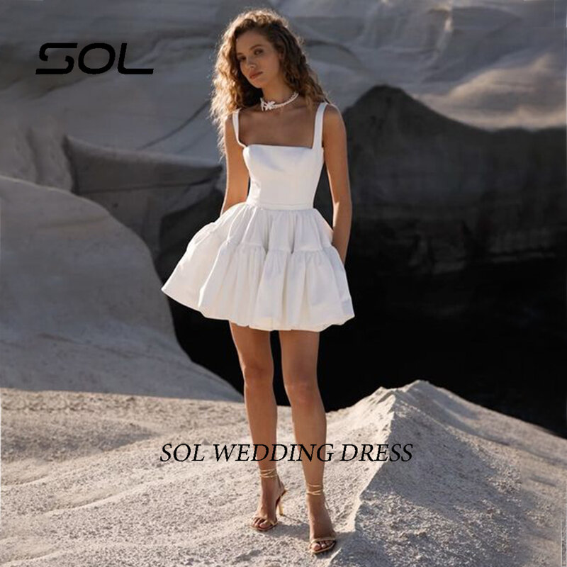 SOL-Mini vestido de noiva com colarinho quadrado, cintas de espaguete simples, acima do joelho, plissado boho, vestidos de noiva sem encosto, Sexy Custom Made