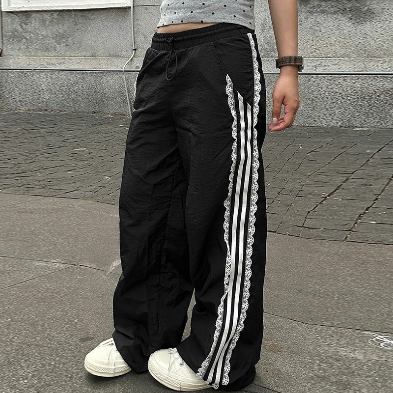 HOUZHOU-pantalones de chándal con cintura elástica para mujer, ropa de calle informal con retazos de rayas de encaje, Estilo Vintage Y2K, para verano