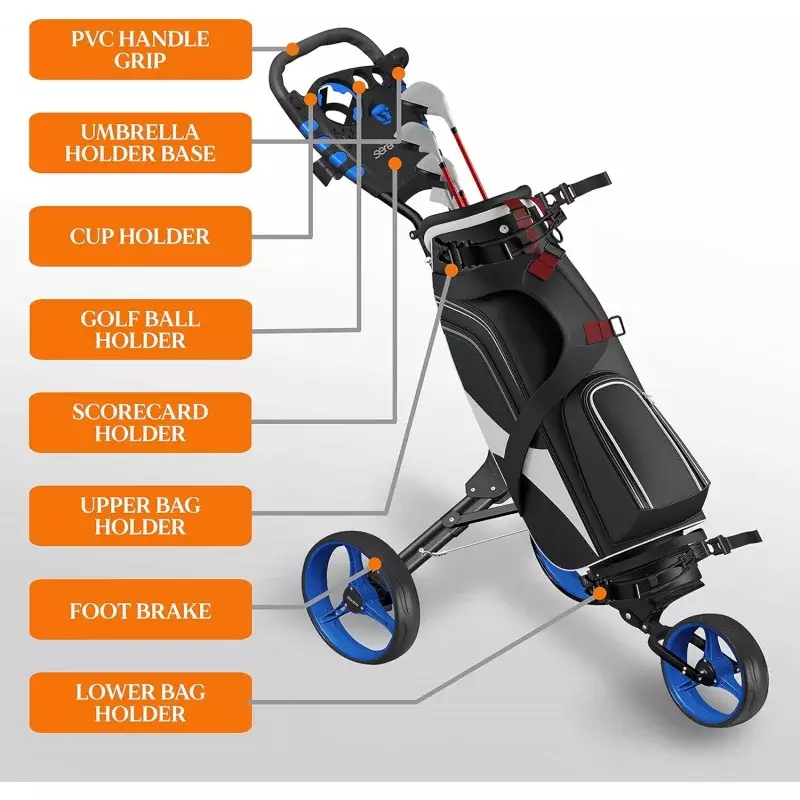 SereneLife 3 Roda Golf kereta dorong, tas rol berjalan lipat ringan dengan braket atas/bawah dengan