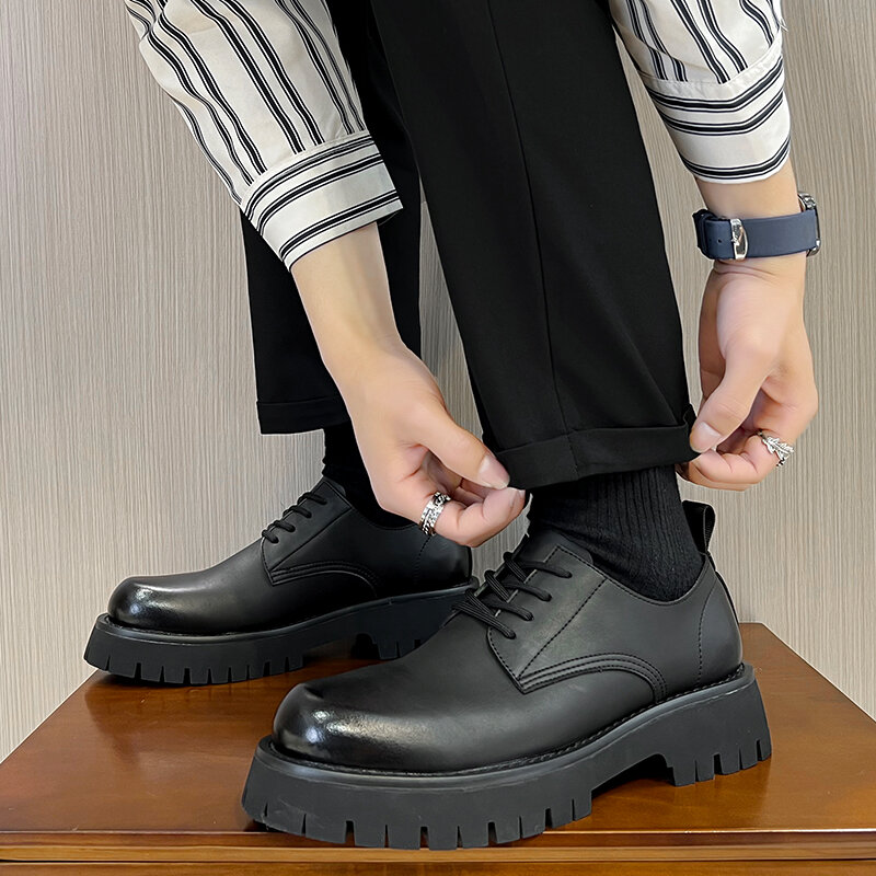 Bottes en cuir à plateforme coordonnantes pour hommes, chaussures de travail décontractées, style britannique, extérieur, rétro, luxe