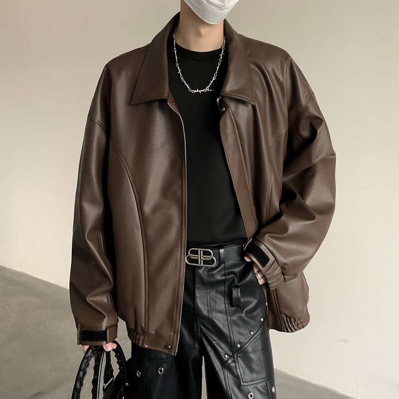 Giacca in pelle nera da uomo di moda coreana, giacca bomber con risvolto allentato, giacca da moto, abbigliamento da uomo firmato personalizzato