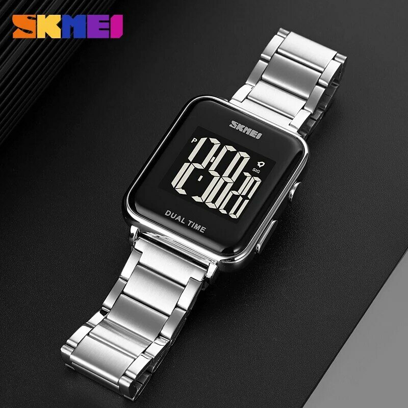 SKMEI-reloj Digital de acero inoxidable para hombre, pulsera electrónica de marca de lujo con calendario de 2 semanas y cronómetro deportivo