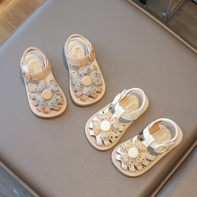 Unishuni-sandálias sola macia para meninas, sapatos de coelho fofos com flor, cor rosa e bege, para crianças e bebê
