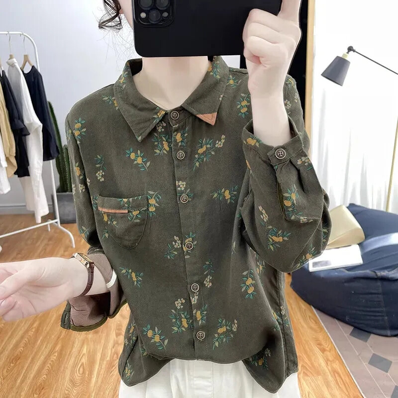 Camisa con estampado de lino y algodón para mujer, blusa fina informal holgada coreana que combina con todo, Otoño, 2024
