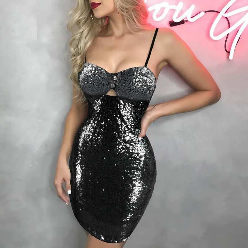 Women's Formal Dresses Spaghetti Strap Hollow Out Pure Color Glitter Sparkly Sequin Clubwear Mini Dresses Elegant Party Dresses
