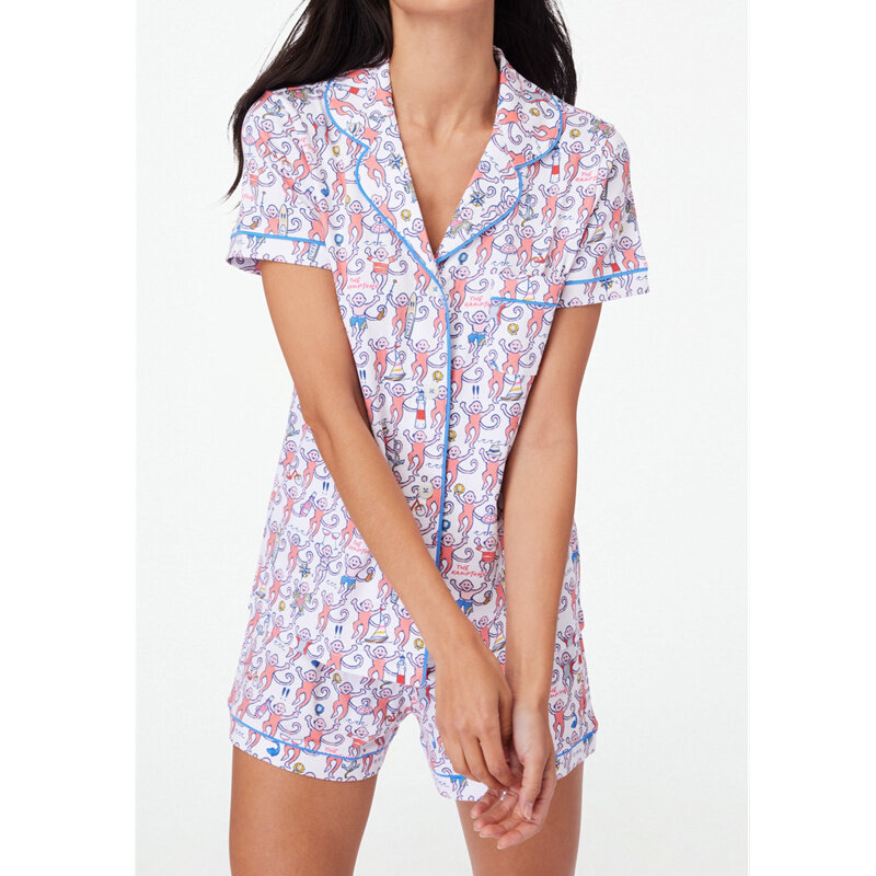 Adrette Pyjamas Affen muster Set 2000s Frauen Nachtwäsche Einreiher Kurzarm Shirt Top und Shorts zweiteilige Lounge wear