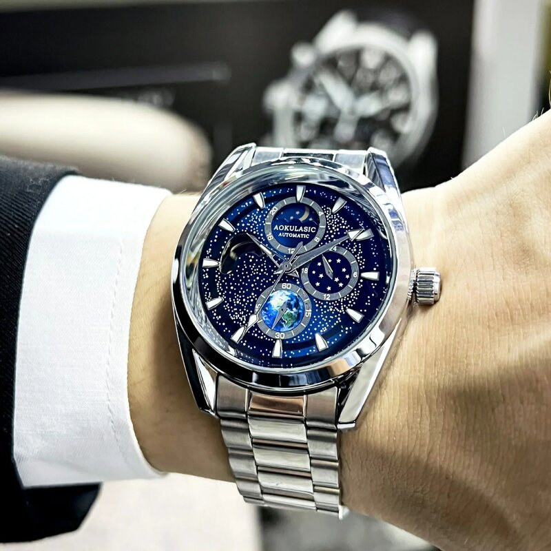 Мужские светящиеся автоматические часы AOKULASIC, модные повседневные механические наручные часы с Лунной фазой, мужские спортивные водонепроницаемые деловые часы