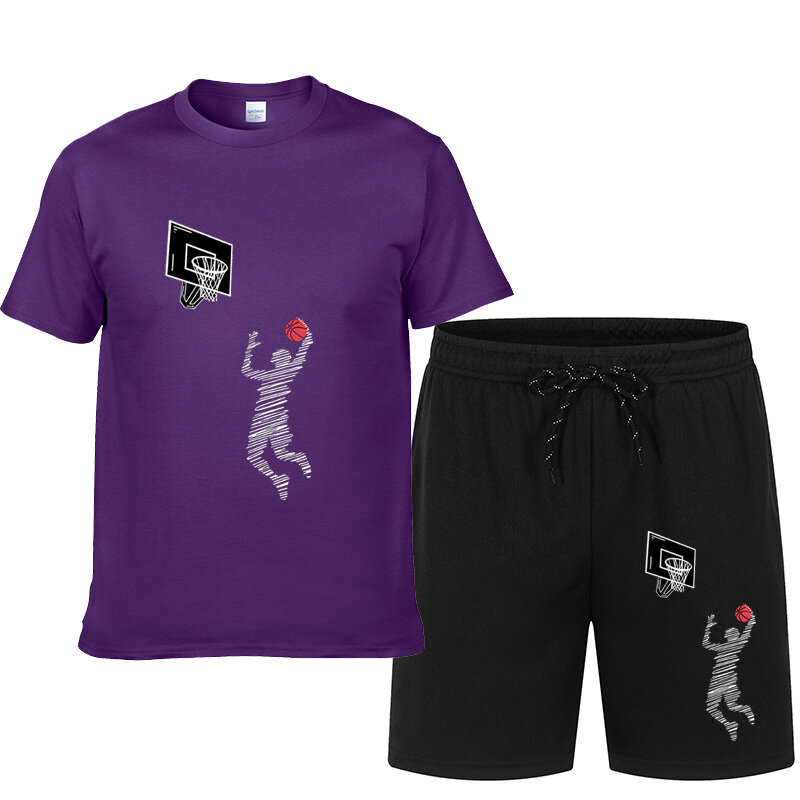 Camiseta de manga curta com gola redonda masculina, estampa de basquete, shorts de cordão, verão, lazer, 2 peças