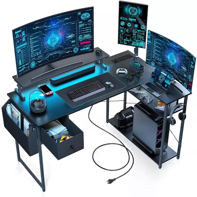 L-Shaped Gaming Table, Computer Gaming Table com luzes LED, suporte ajustável, gaveta de armazenamento, Black Hook, 47"