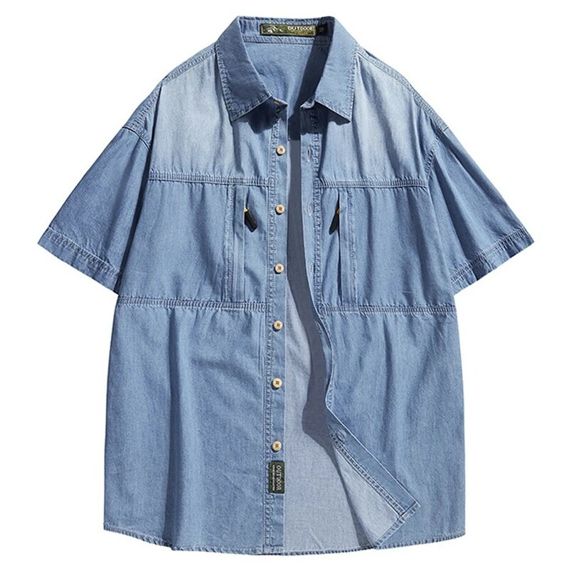 Джинсовая рубашка мужская с коротким рукавом, винтажная блуза-карго в стиле Харадзюку, пиджак, рубашка на лето