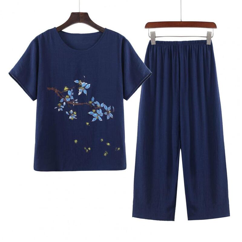 Conjunto de pijama con pantalones de cintura elástica para mujer, ropa de dormir cómoda, elegante, con estampado de flores, pierna ancha