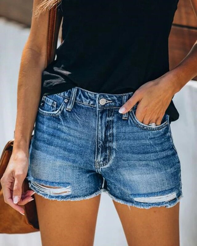 Shorts jeans de cintura alta rasgada feminino, borla perfurante, jeans de perna reta, calça quente, casual, americano, verão