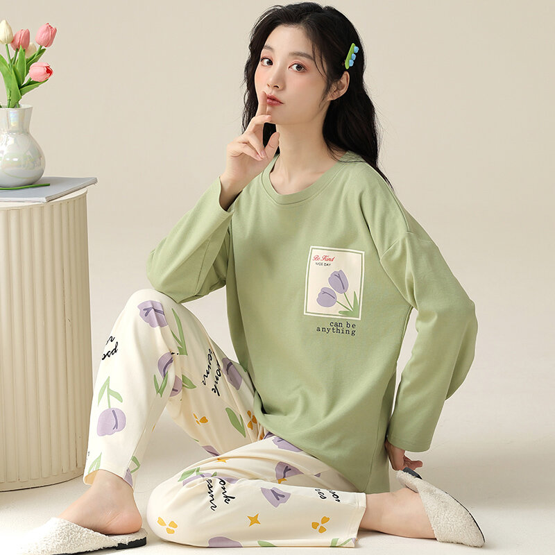 Conjunto de pijamas femininos com gola redonda, tops de primavera, conjuntos de pijamas estampados para meninas, 2 peças, 2024