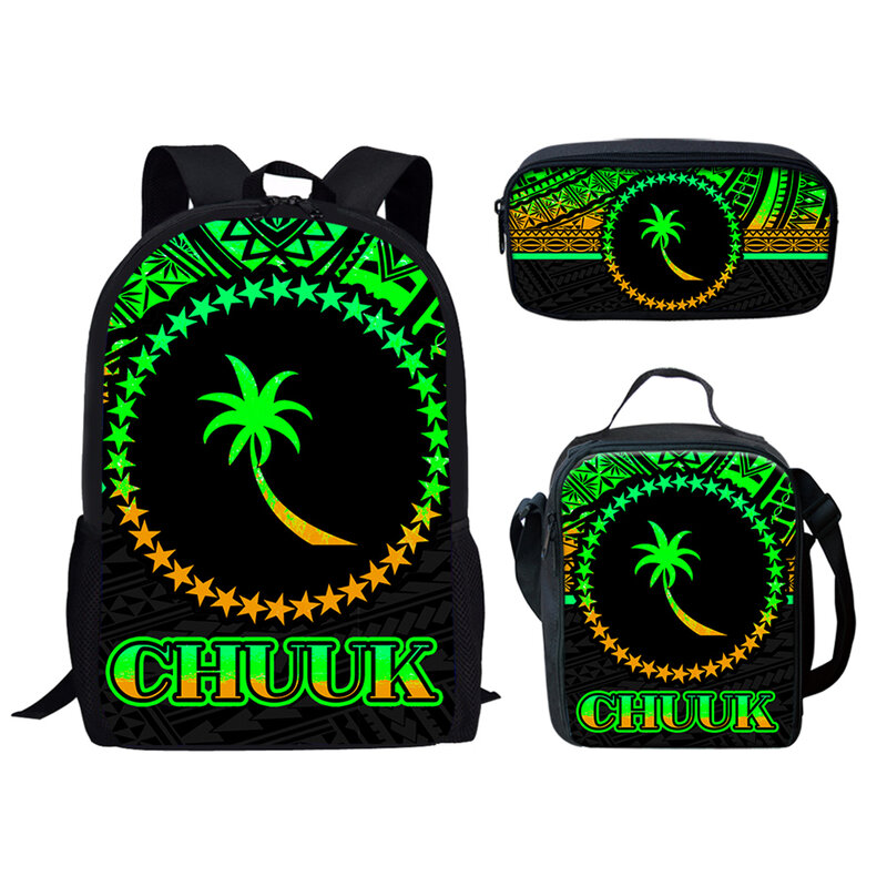 Set tas sekolah 3 buah, tas sekolah motif Chuuk Tribal Polynesian remaja, tas buku kampus, tas Laptop dengan tas makan siang, tas pensil