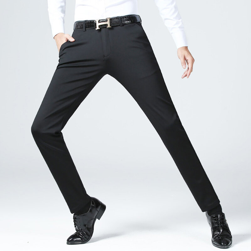 Men's Spring Slim Fit Stretch Suit Pants Outdoor Windproof Solid Color Ice Silk Slacks Men's Simple Comfortable Slacks