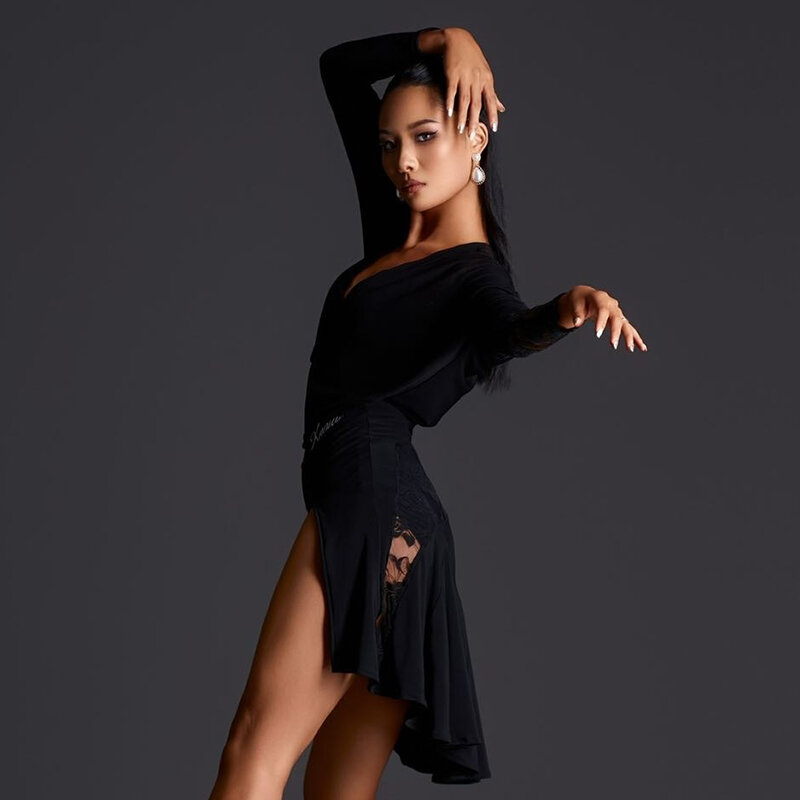 Vestido feminino de renda preta com mangas para dança latina, rumba cha cha tango adulto, traje de salsa, roupas, DNV20290