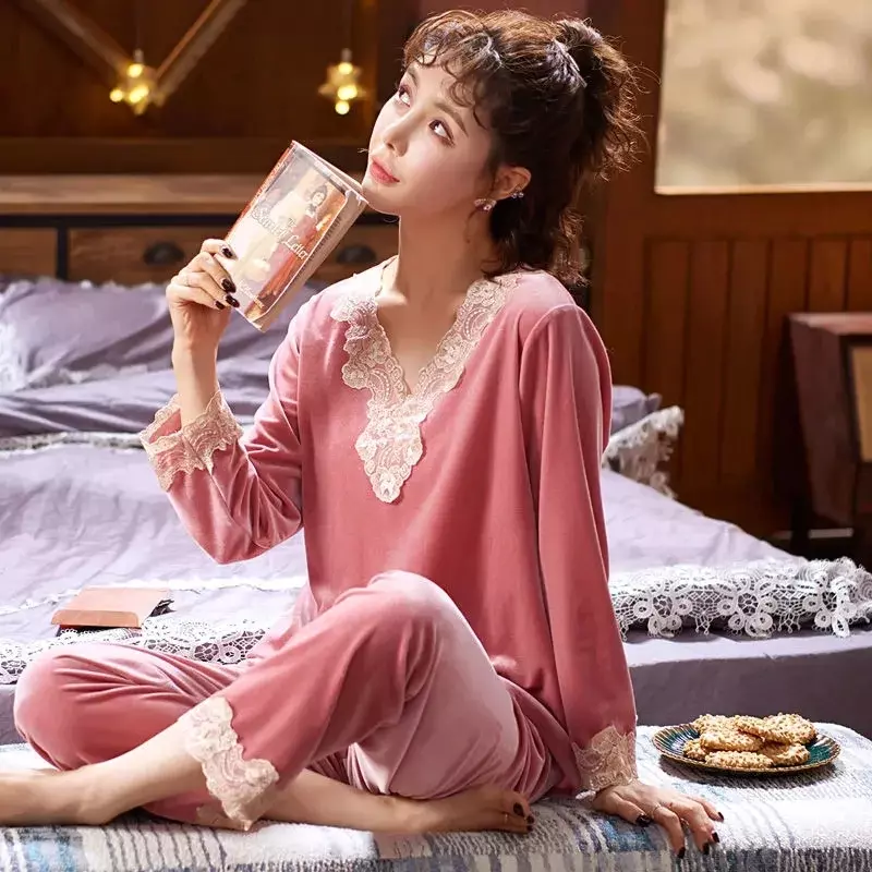 女性の韓国スタイルのパジャマ、長袖、ゴールドベルベット、外に着用可能、プラスサイズ、ホームサービス、3シーズン、6911-13-2