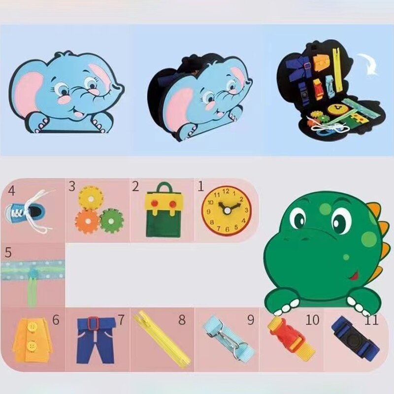 Tablero de aprendizaje Montessori para bebé, juguete de rompecabezas de fieltro de dibujos animados, dinosaurio, elefante, Tigre, Educación Temprana