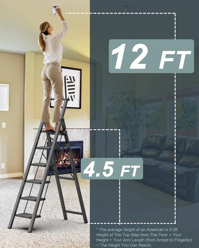 6-trapladder Voor 12 Voet Hoog Plafond, Opklapbare Opstapkruk Met Handgreep En Antislip Brede Draagbare Woning (300 Lbs Capaciteit)-Zwart