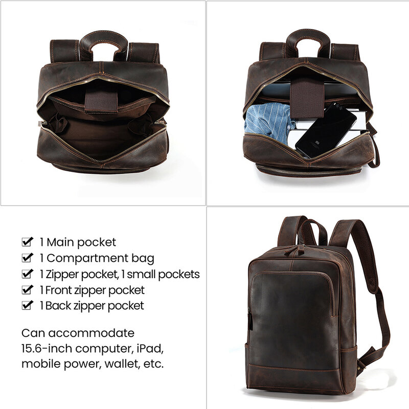 Рюкзак мужской из натуральной кожи, модная вместительная сумка для ноутбука 15,6 дюйма, повседневный ранец для путешествий на открытом воздухе