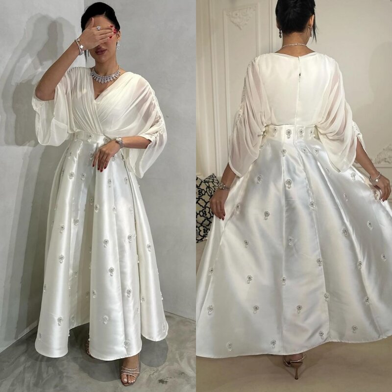 Jiayigong-Mulheres Drapeado Applique Plissado Vestido de noite, A-Line, Decote em V, Manga comprida, Vestidos Cetim, Ocasião sob medida
