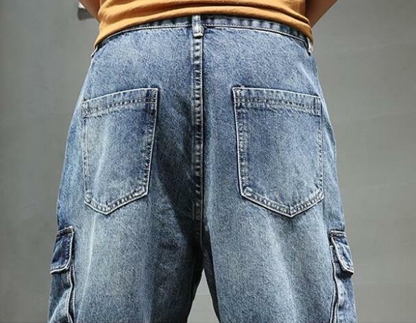 Męskie dżinsy Cargo z wieloma kieszeniami zwężane spodnie Luźne, sprane młodzieżowe spodnie na deskorolkę