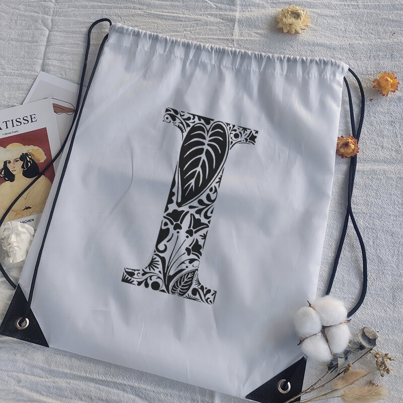 Sacos de cordão preto gráfico alfabeto impressão mulheres yoga saco masculino sacos de desporto sacos de desenho branco personalizar saco de basquete