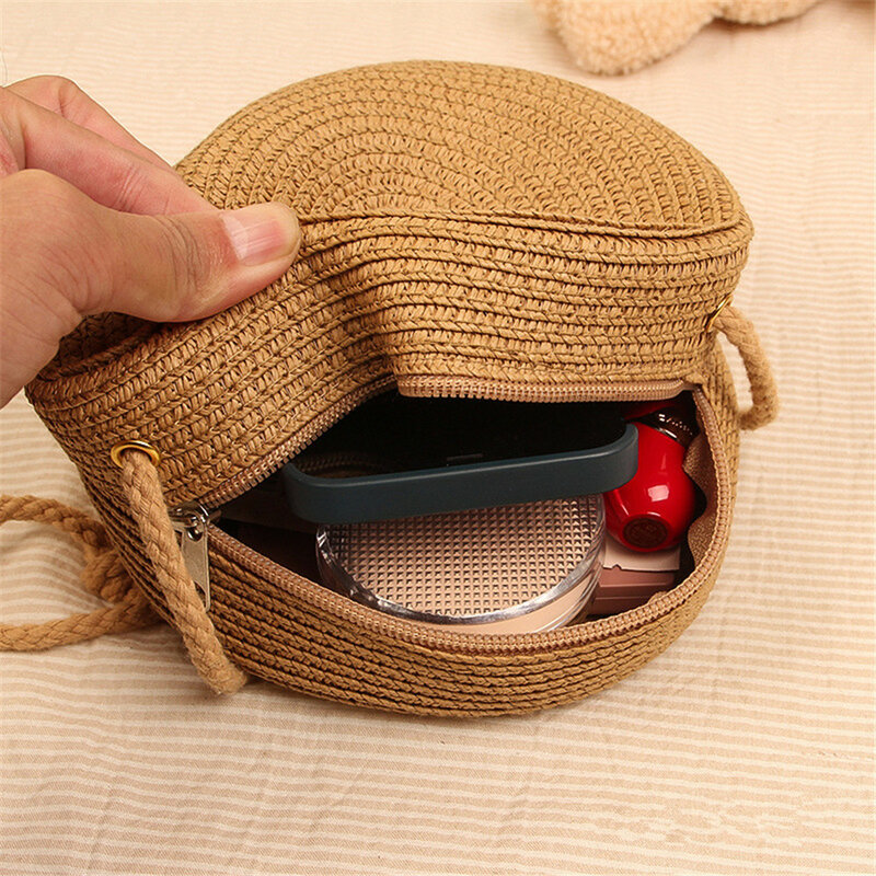 Bolsa crossbody de palha redonda para mulheres sacolas tecidas de vime, bolsa de ombro, bolsas de compras, praia, férias, verão