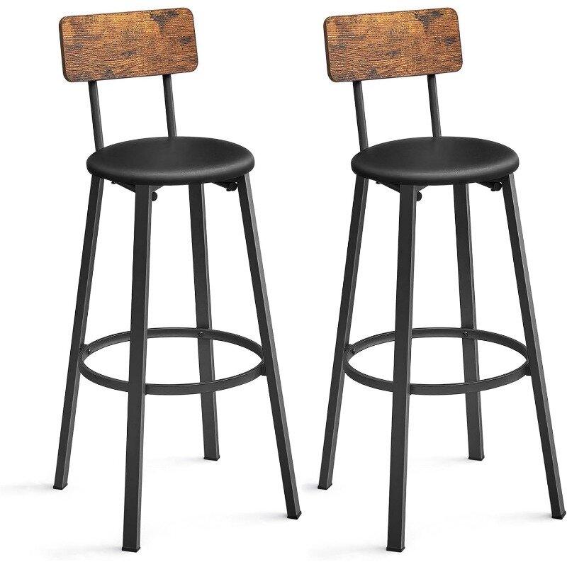 Set of 2 Bar Chairs, Tall Bar Stools with Backrest, Industrial in Party Room, Rustic Brown and Black