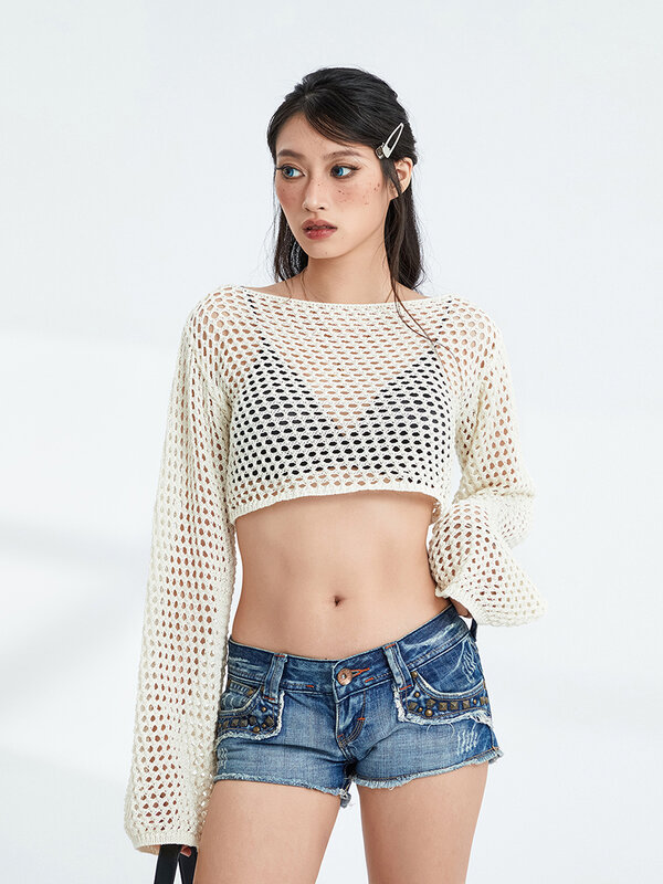 Women s Lace-Up Knit Sweater with Cutout Details and Sheer Sleeves - Stylish Long Sleeve Crop Top for Summer Clubwear