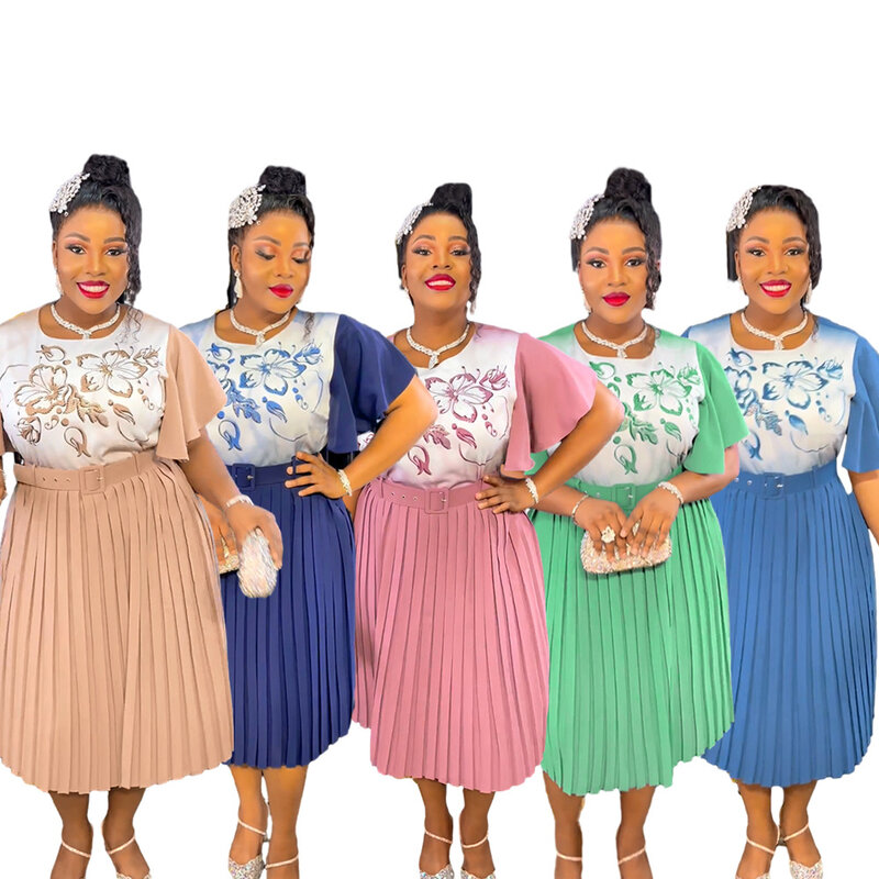 Elegante plissierte traditionelle Kleider für Frauen Kurzarm gürtel tailliert Mitte Kalb Luxus afrikanischen Büro Midi Kleidung Outfits neu