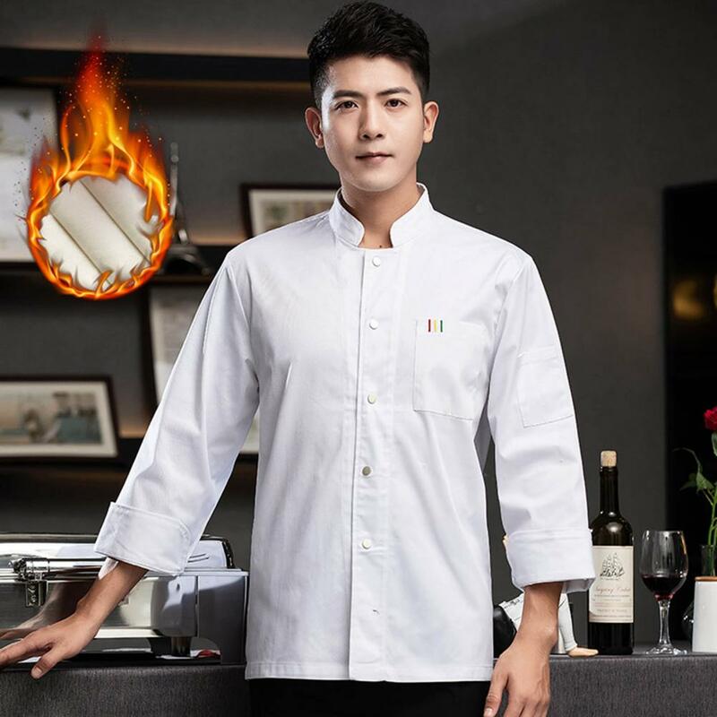 Non-stick Funisex Hotel Canteen Shirtabric Unisex Long Sleeve Chef Uniform with Stand Collar Patch Pocket for Hotel Canteen
