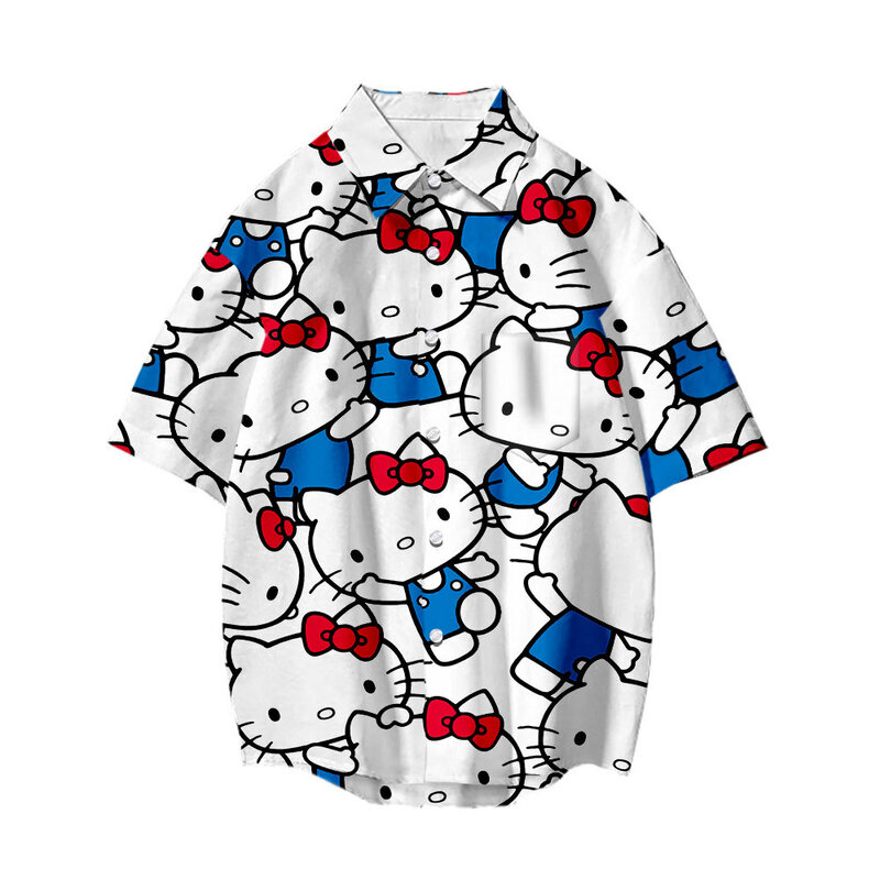 2024 Sanrio Hello Kitty Print Zomer Unisex Modieuze Casual Mode Shirt Met Schattige Hawaiiaanse Korte Mouwen
