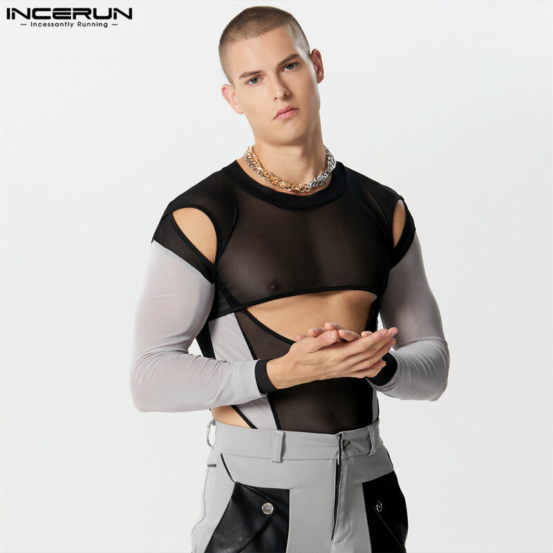 INCERUN Men's Bodysuits Mesh Patchwork Sexy Hollow Out Transparent Rompers Streetwear 2023 Fitness Fashion Male Bodysuit S-5XL