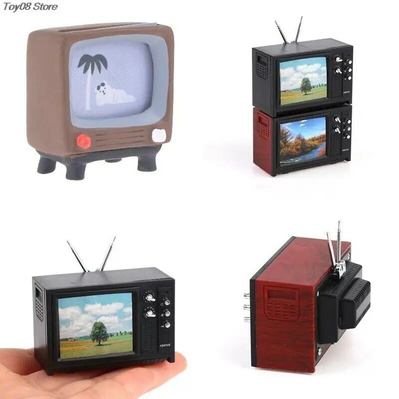 1:12 Dollhouse Vintage Old Style Miniature Television TV With Picture Doll House Furniture Living Room Bedroom Decor Model Toy