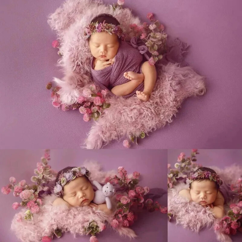Puntelli per fotografia neonato fascia per fiori artificiali coperta in pelle di pecora orso bambola Prop Studio Stretch Wrap accessori per foto