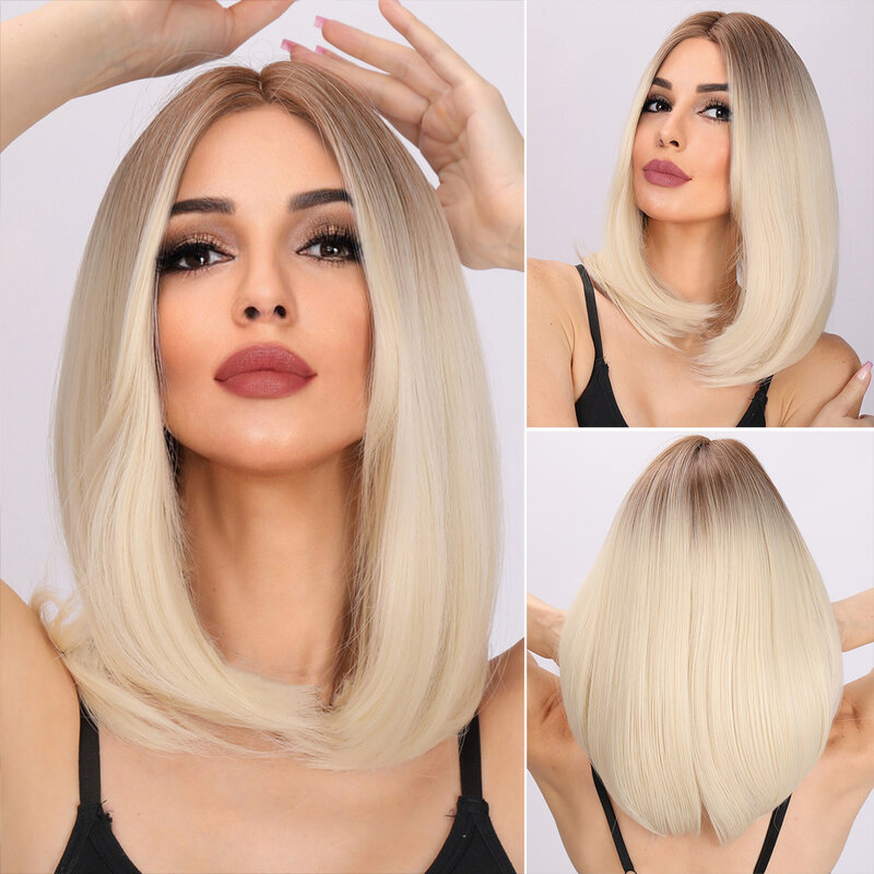 18 Cal krótkie syntetyczne blond gradientowe proste włosy dla kobiet codziennie peruka do Cosplay imprezowe odporne na ciepło sztuczne włosy