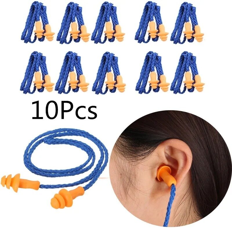 Tapones para los oídos con cable de silicona suave, protección auditiva reutilizable, reducción de ruido, trabajo seguro, cómodos, 10 piezas